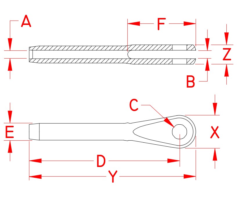 Mil. Spec Swage Fork, stainless steel, MS20667-2, MS20667-3, MS20667-4, MS20667-5, MS20667-6, MS20667-8, MS20667-10, MS20667-12, Line Drawing Mil. Spec Swage Fork, stainless steel, MS20667-2, MS20667-3, MS20667-4, MS20667-5, MS20667-6, MS20667-8, MS20667-10, MS20667-12, Line Drawing